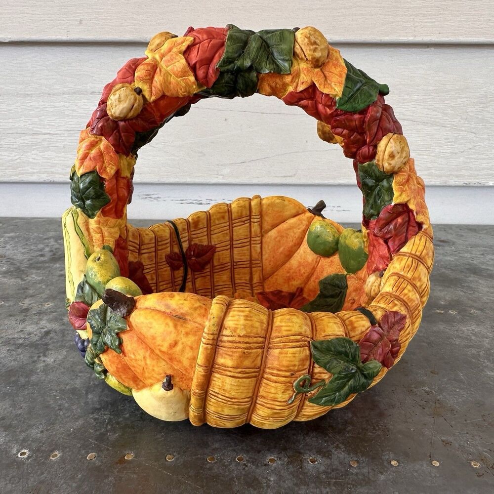 Vtg Fall Harvest Basket Centerpiece Resin Pumpkin Gourd Fruit Leaf Thanksgiving